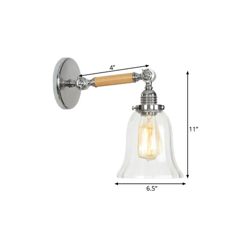 Vintage Chrome Wall Sconce With Textured Glass Shade And Wooden Arm - Perfect Living Room Lighting