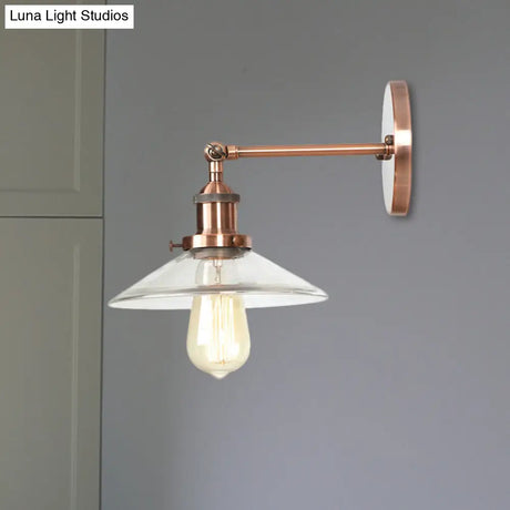 Vintage Clear Glass Conical Bedroom Wall Light With Copper Sconce Lamp
