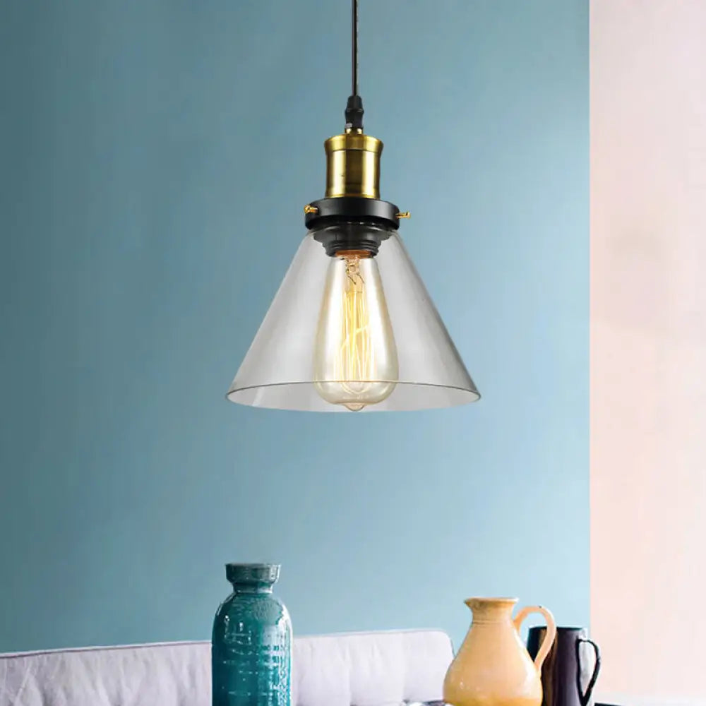 Vintage Clear Glass Hanging Ceiling Light With Brass Finish Ideal For Living Room Décor / Cone