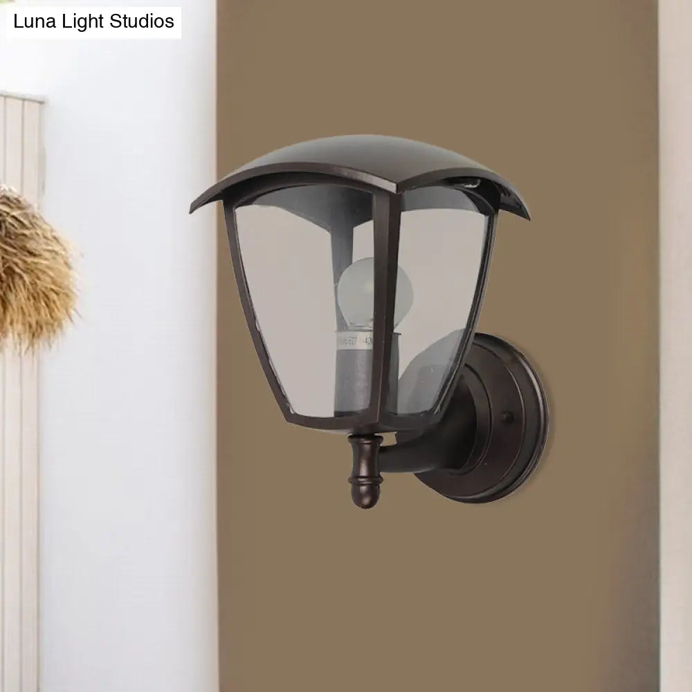 Vintage Clear Glass Lantern Wall Lamp For Courtyard: Dark Coffee 1-Light Lighting