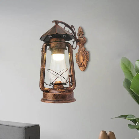 Vintage Clear Glass Lantern Wall Sconce For Outdoor Lighting With Single Bulb In Black/Bronze/Copper