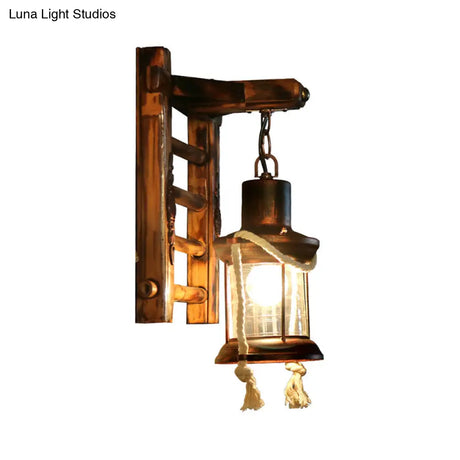 Vintage Clear Glass Wall Sconce With Antique Copper Cylinder Cage And Wooden Backplate - 1 Light