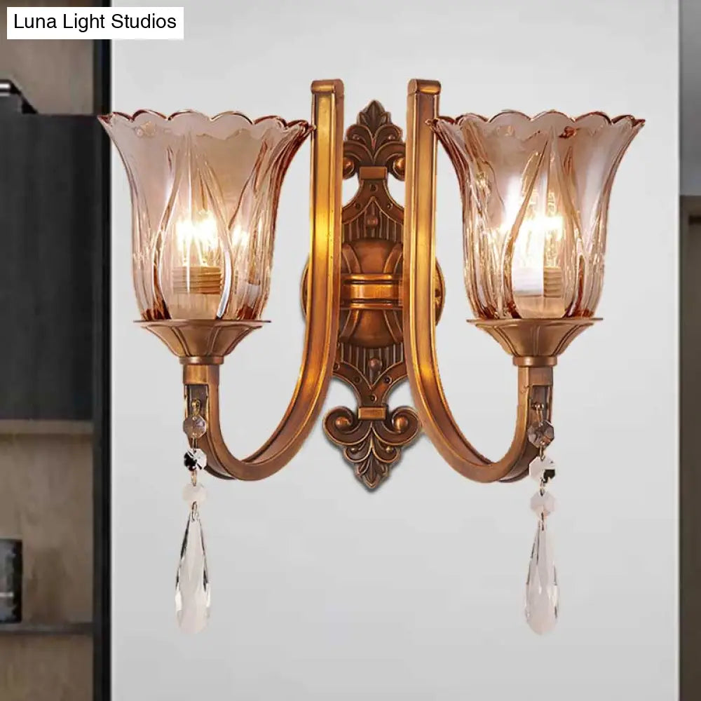 Vintage Cognac Glass Flower Wall Light With Brass Sconce Crystal Drop - 1/2 Heads