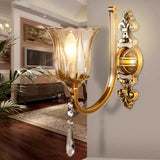 Vintage Cognac Glass Flower Wall Light With Brass Sconce Crystal Drop - 1/2 Heads 1 /