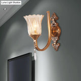Vintage Cognac Glass Flower Wall Light With Brass Sconce Crystal Drop - 1/2 Heads