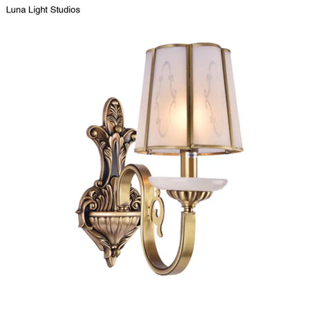 Vintage Cone Glass Sconce With Translucent Finish And Brass Mount - Indoor Wall Lamp
