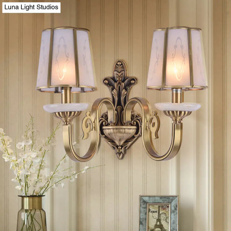 Vintage Cone Glass Sconce With Translucent Finish And Brass Mount - Indoor Wall Lamp