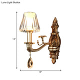 Vintage Conic Sconce Light With Clear Acrylic Shade & Carved Arm In Gold - 1/2-Head Wall Fixture