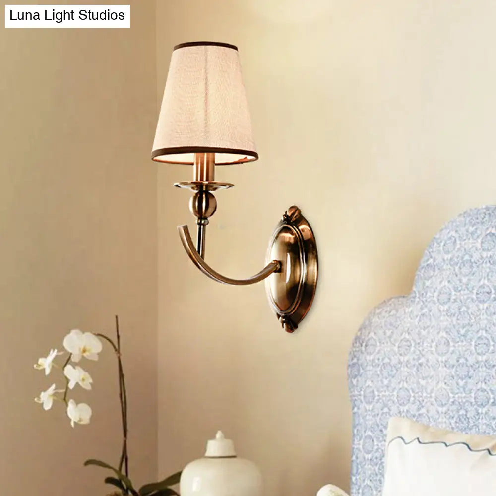 Vintage Conical Fabric Shade Wall Light Brass Sconce For Bedroom Lighting