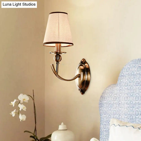 Vintage Conical Fabric Shade Wall Light Brass Sconce For Bedroom Lighting