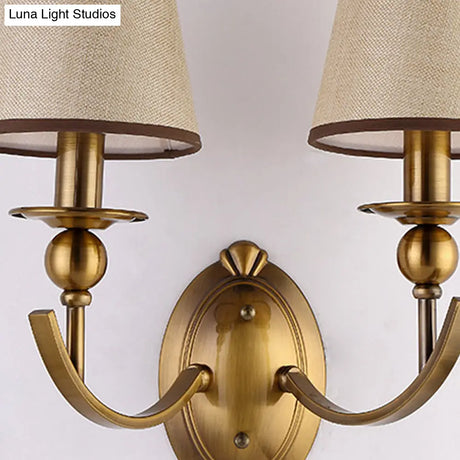 Vintage Conical Fabric Shade Wall Light Brass Sconce For Bedroom Lighting