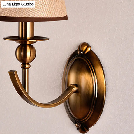 Vintage Conical Fabric Shade Wall Light Brass Sconce For Bedroom Lighting