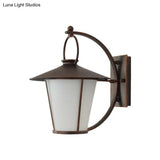 Vintage Conical Opal Glass Wall Mount Light - 1-Head Courtyard Lighting With Arc Arm Black/Brass