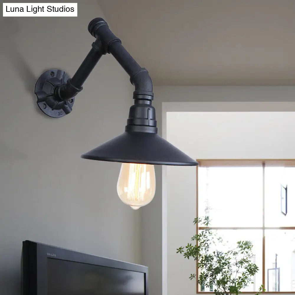 Vintage Conical Wall Sconce Light With Unique Pipe Design - Black Metal Ideal For Bedroom