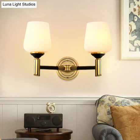 Vintage Conical Wall Sconce With Frosted Glass Shade In Black-Gold - Perfect For Foyer Lighting