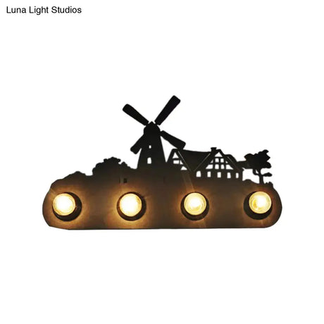 Vintage Conveyor Belt Sconce Light Black Metal 4-Light Wall Lamp With Windmill Detail For Bedroom