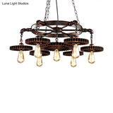 Vintage Copper Chandelier With 7 Lights - Retro Industrial Pendant Lamp In Gear Shape