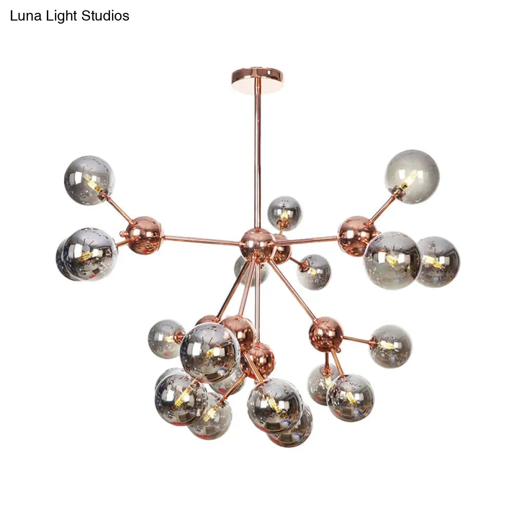 Vintage Copper Chandelier With Clear/Amber Glass Orb Shades - 3/9/12 Lights Branch Design