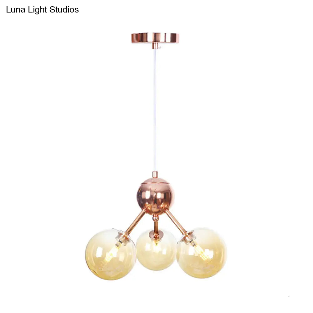 Vintage Copper Chandelier With Clear/Amber Glass Orb Shades - 3/9/12 Lights Branch Design