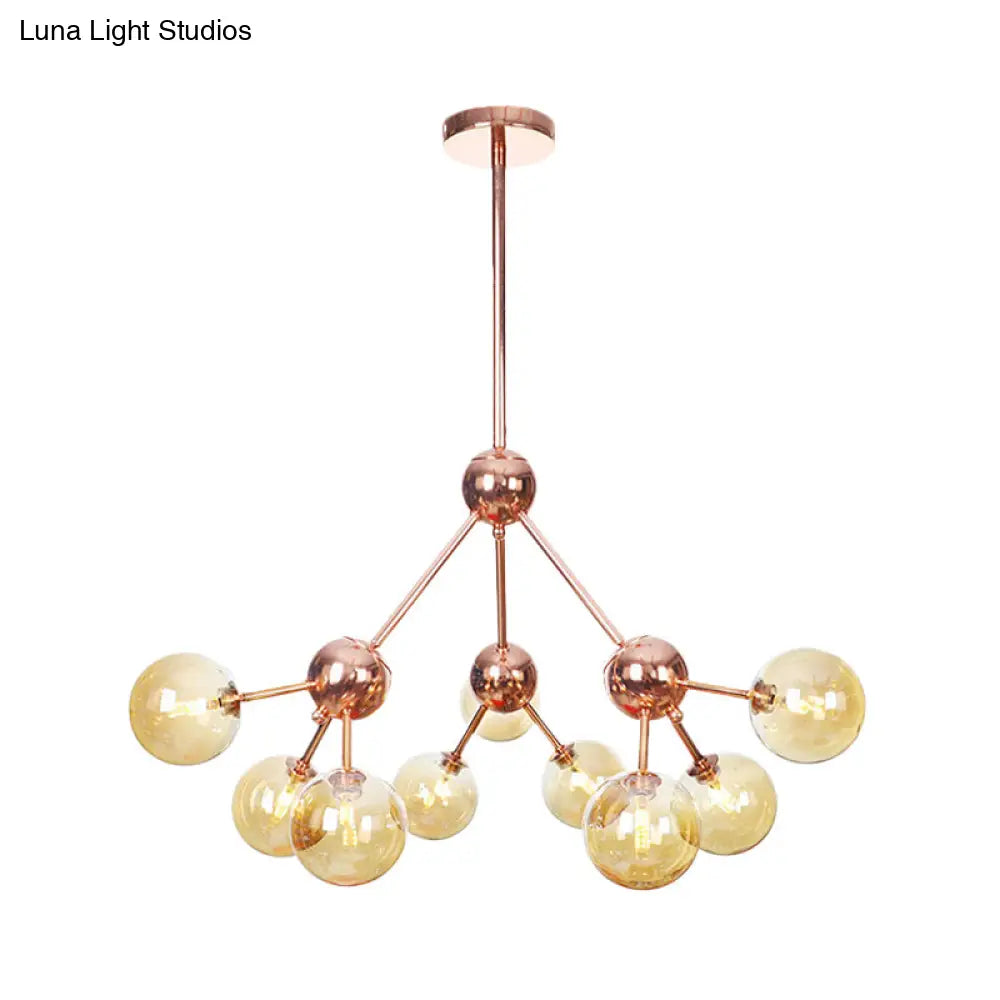 Vintage Copper Chandelier With Clear/Amber Glass Orb Shades - 3/9/12 Lights Branch Design