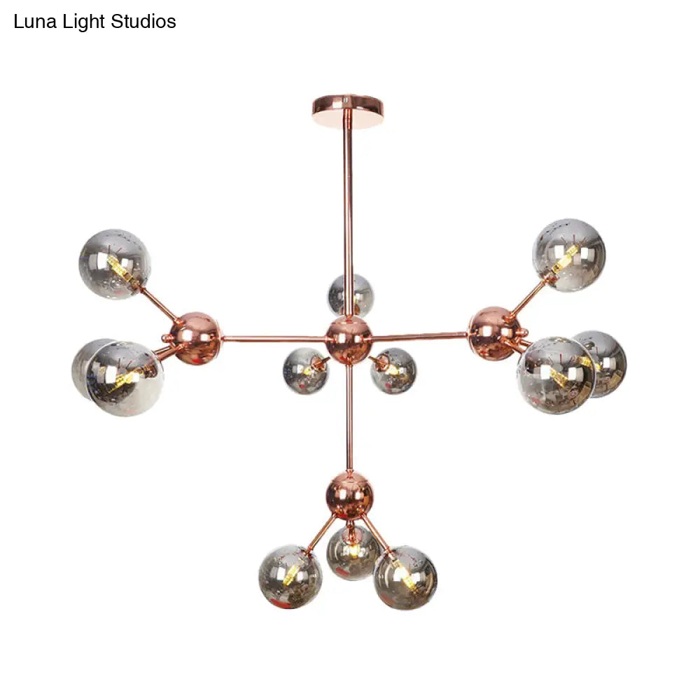 Vintage Copper Chandelier With Clear/Amber Glass Orb Shades - 3/9/12 Lights Branch Design