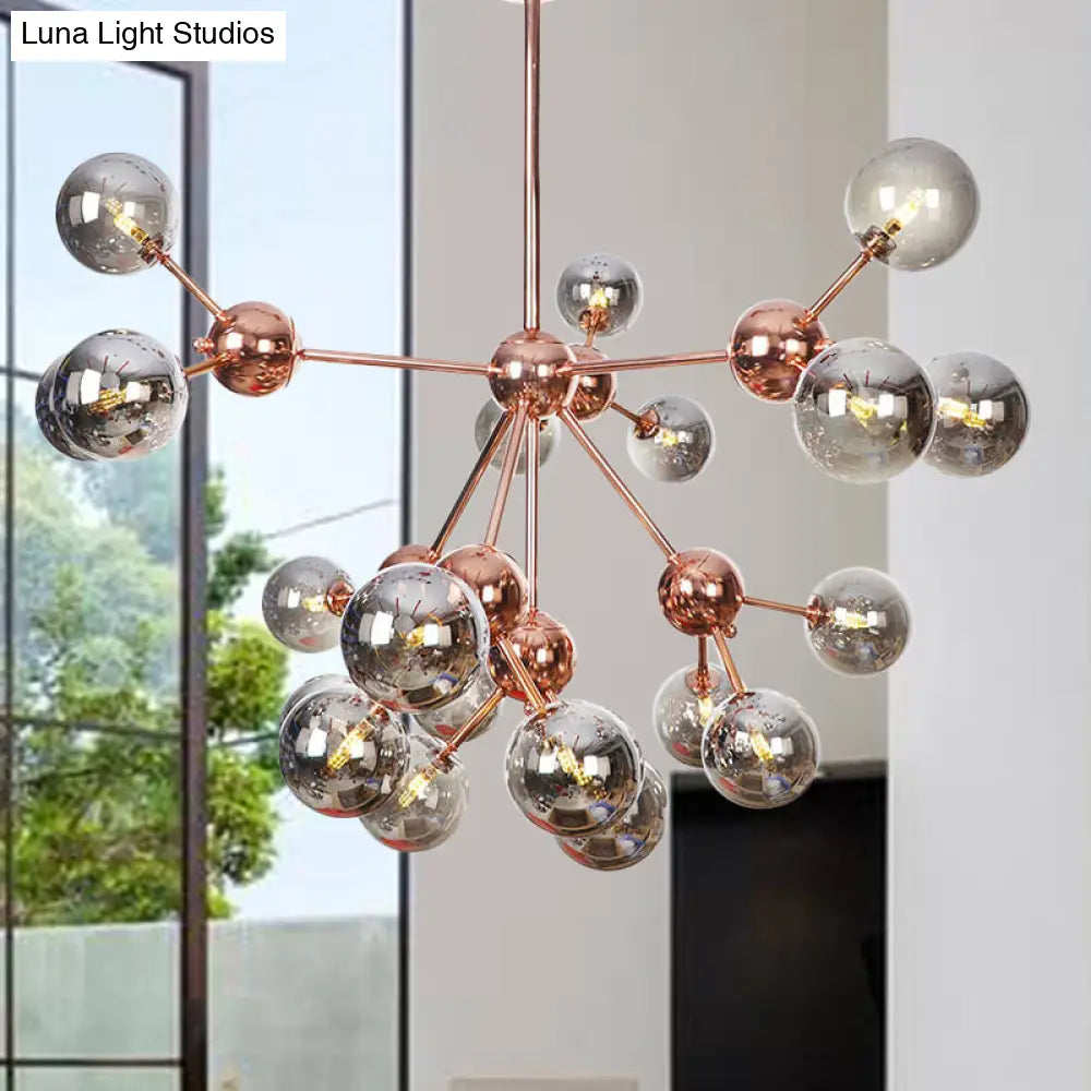 Vintage Copper Chandelier With Clear/Amber Glass Orb Shades - 3/9/12 Lights Branch Design