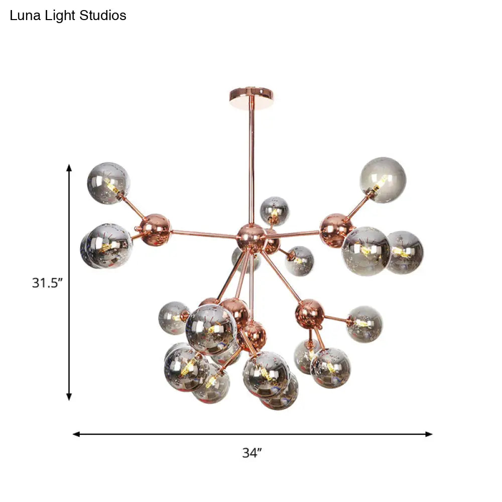 Vintage Copper Chandelier With Clear/Amber Glass Orb Shades - 3/9/12 Lights Branch Design