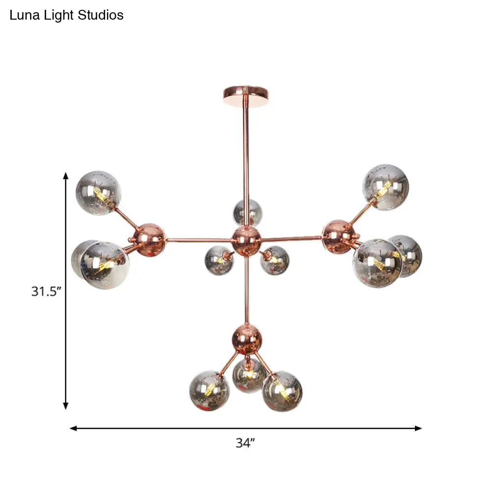 Vintage Copper Chandelier With Clear/Amber Glass Orb Shades - 3/9/12 Lights Branch Design