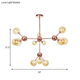 Vintage Copper Chandelier With Clear/Amber Glass Orb Shades - 3/9/12 Lights Branch Design