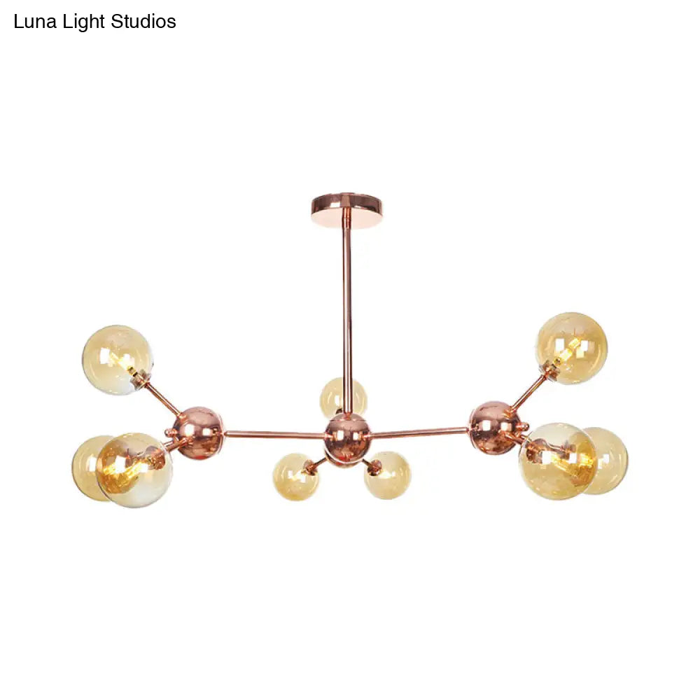 Vintage Copper Chandelier With Clear/Amber Glass Orb Shades - 3/9/12 Lights Branch Design