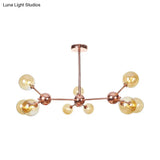 Vintage Copper Chandelier With Clear/Amber Glass Orb Shades - 3/9/12 Lights Branch Design