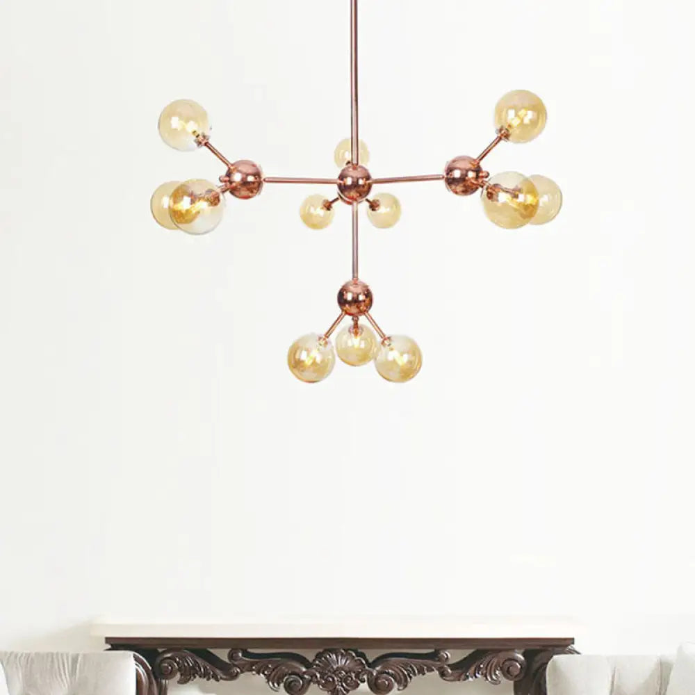 Vintage Copper Chandelier With Clear/Amber Glass Orb Shades - 3/9/12 Lights Branch Design