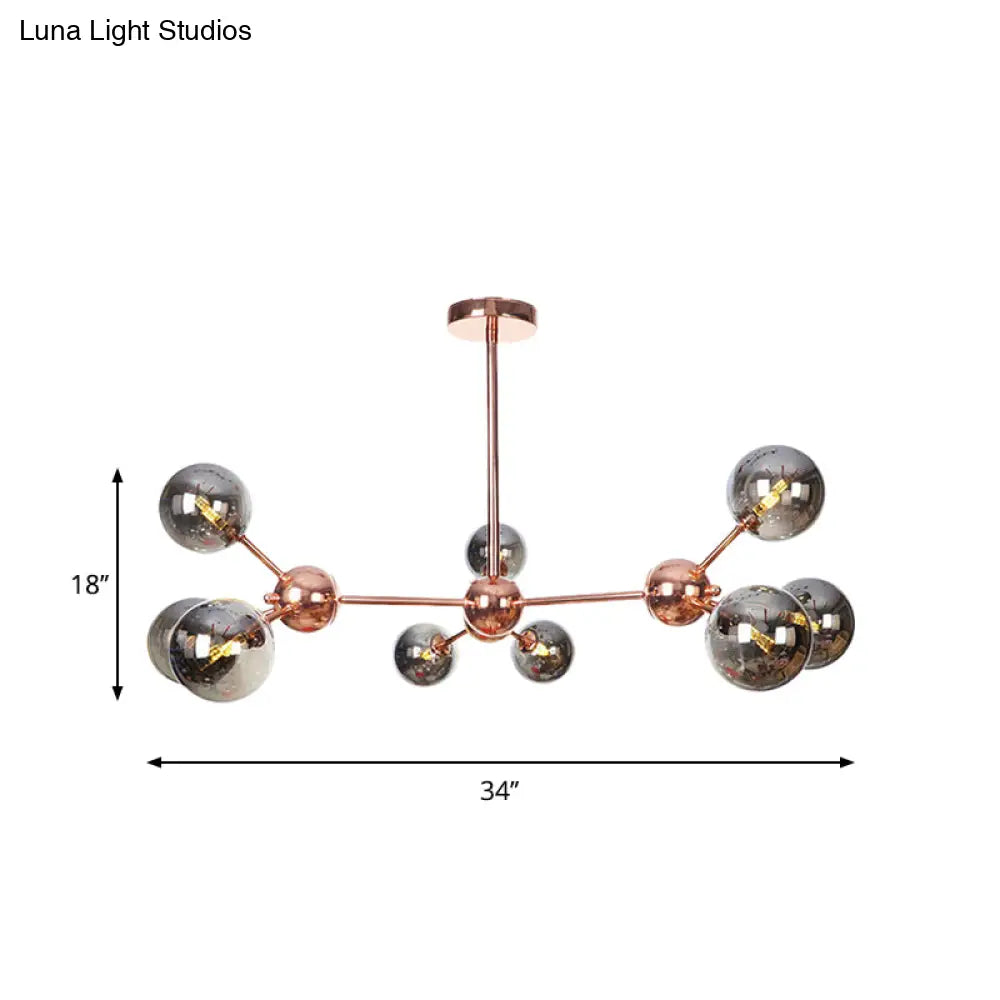 Vintage Copper Chandelier With Clear/Amber Glass Orb Shades - 3/9/12 Lights Branch Design