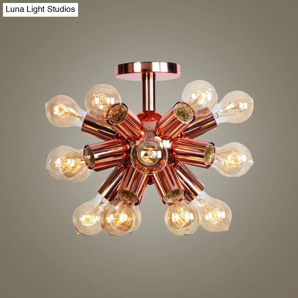 Vintage Copper Starburst Ceiling Light With Bare Bulb - Ideal For Restaurants (6/9 Heads)