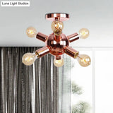 Vintage Copper Starburst Ceiling Light With Bare Bulb - Ideal For Restaurants (6/9 Heads)