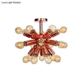 Vintage Copper Starburst Ceiling Light With Bare Bulb - Ideal For Restaurants (6/9 Heads)