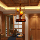 Vintage Countryside Chandelier Lamp With Amber Drop Pendant And Resin Bird Cage Antique Brass