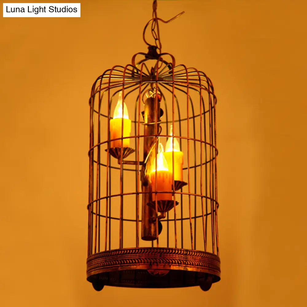 Vintage Countryside Chandelier Lamp With Amber Drop Pendant And Resin Bird Cage