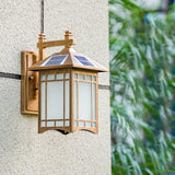Vintage Courtyard Solar Wall Light - House Shaped Metal Lamp With Frost Glass Shade Bronze / E