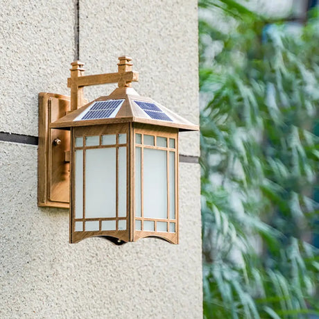 Vintage Courtyard Solar Wall Light - House Shaped Metal Lamp With Frost Glass Shade Bronze / E