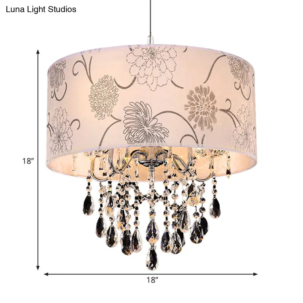 Vintage Crystal 5-Light Chandelier With Flower Pattern - Printing Fabric Shade Pendant Light In