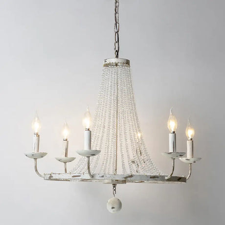 Vintage Crystal Bead Candelabra Chandelier Pendant Light 6 / Distressed White