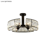 Vintage Crystal Block Drum Shade Semi Mount Ceiling Lighting - 6 Heads In Black