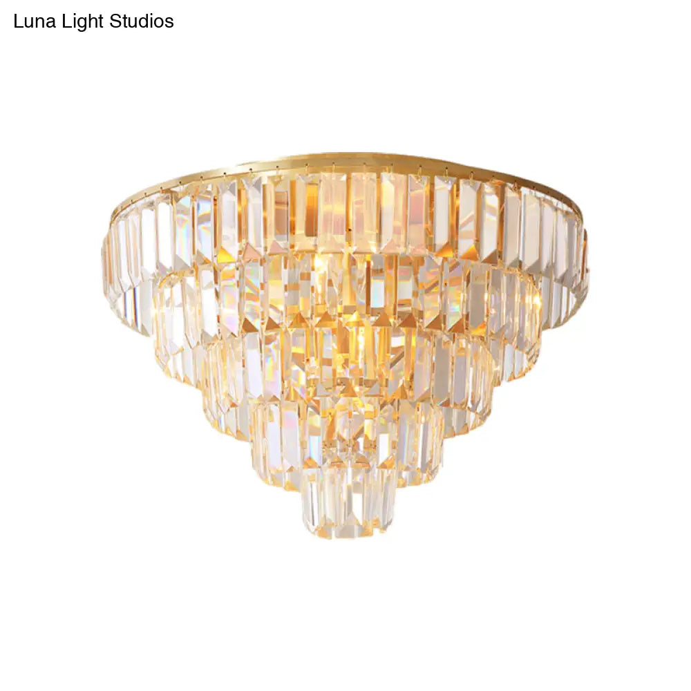Vintage Crystal Block Flush Mount Lamp - 16’/19.5’ Dia 5/6 Heads Gold Finish