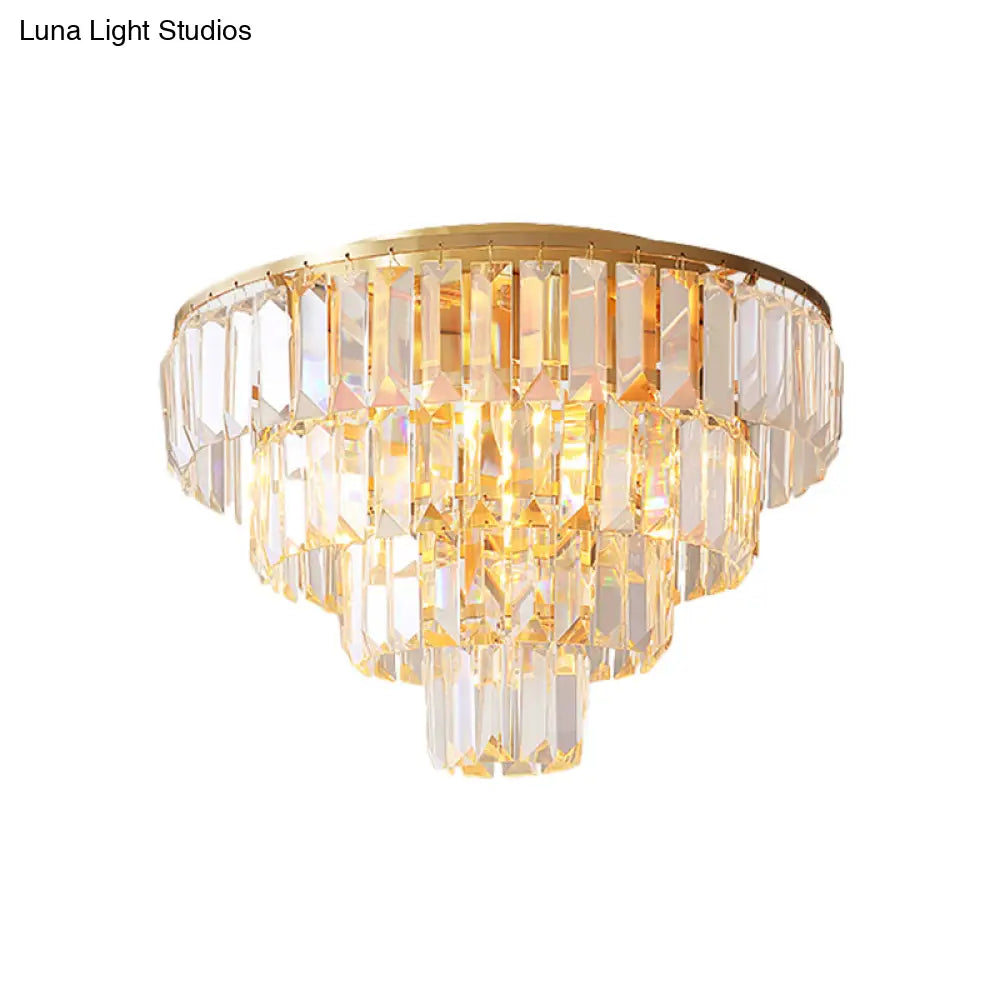 Vintage Crystal Block Flush Mount Lamp - 16’/19.5’ Dia 5/6 Heads Gold Finish