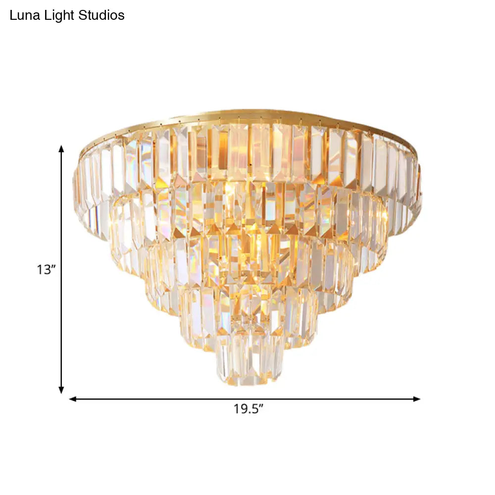 Vintage Crystal Block Flush Mount Lamp - 16’/19.5’ Dia 5/6 Heads Gold Finish