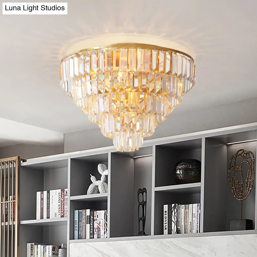 Vintage Crystal Block Flush Mount Lamp - 16’/19.5’ Dia 5/6 Heads Gold Finish