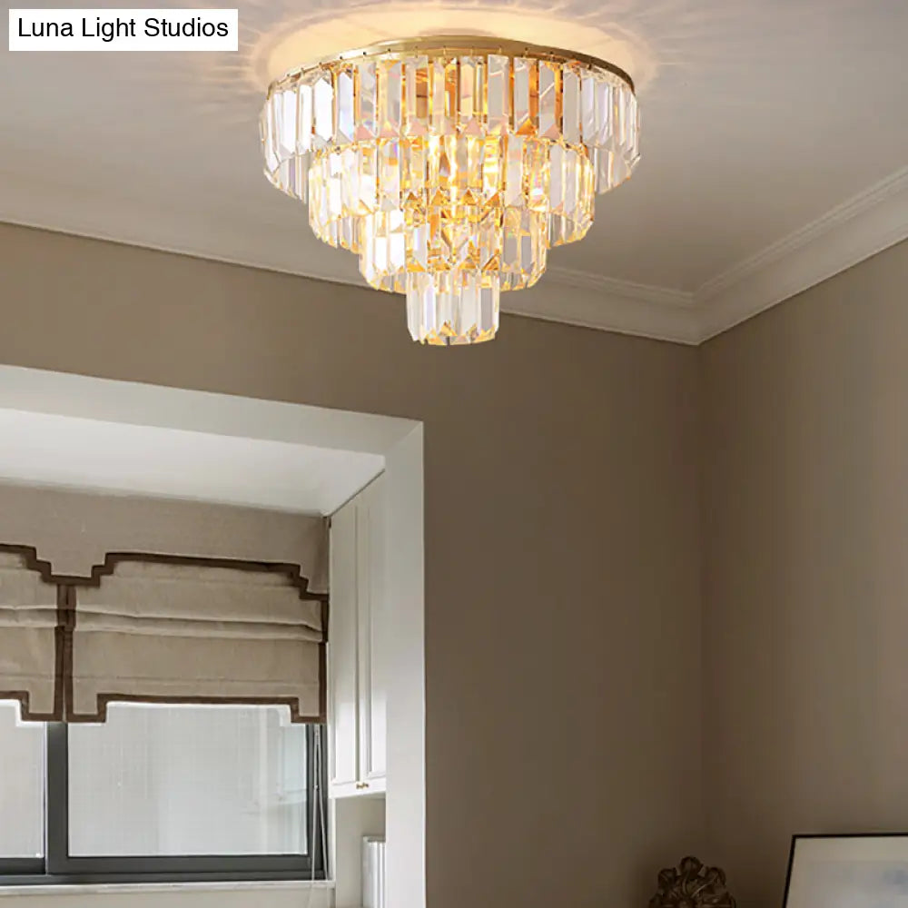 Vintage Crystal Block Flush Mount Lamp - 16’/19.5’ Dia 5/6 Heads Gold Finish