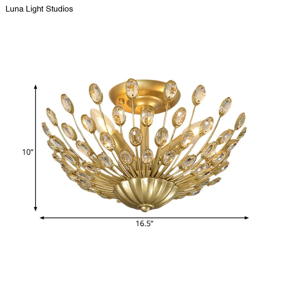 Vintage Crystal Bowl Semi-Flush Ceiling Lamp With Gold Finish For Bedroom - 3 Bulbs