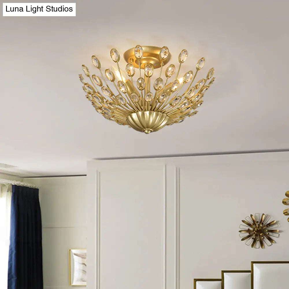 Vintage Crystal Bowl Semi-Flush Ceiling Lamp With Gold Finish For Bedroom - 3 Bulbs